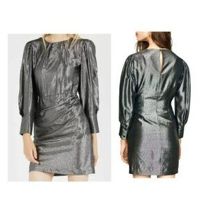 NWT Maje Ralery Mini Dress Argent Women's Striped Metallic Long Sleeve - Size 4